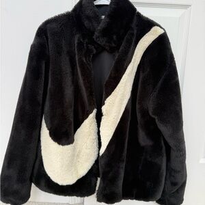 Nike Black and Cream Faux Fur Jacket with Contrast Swoosh